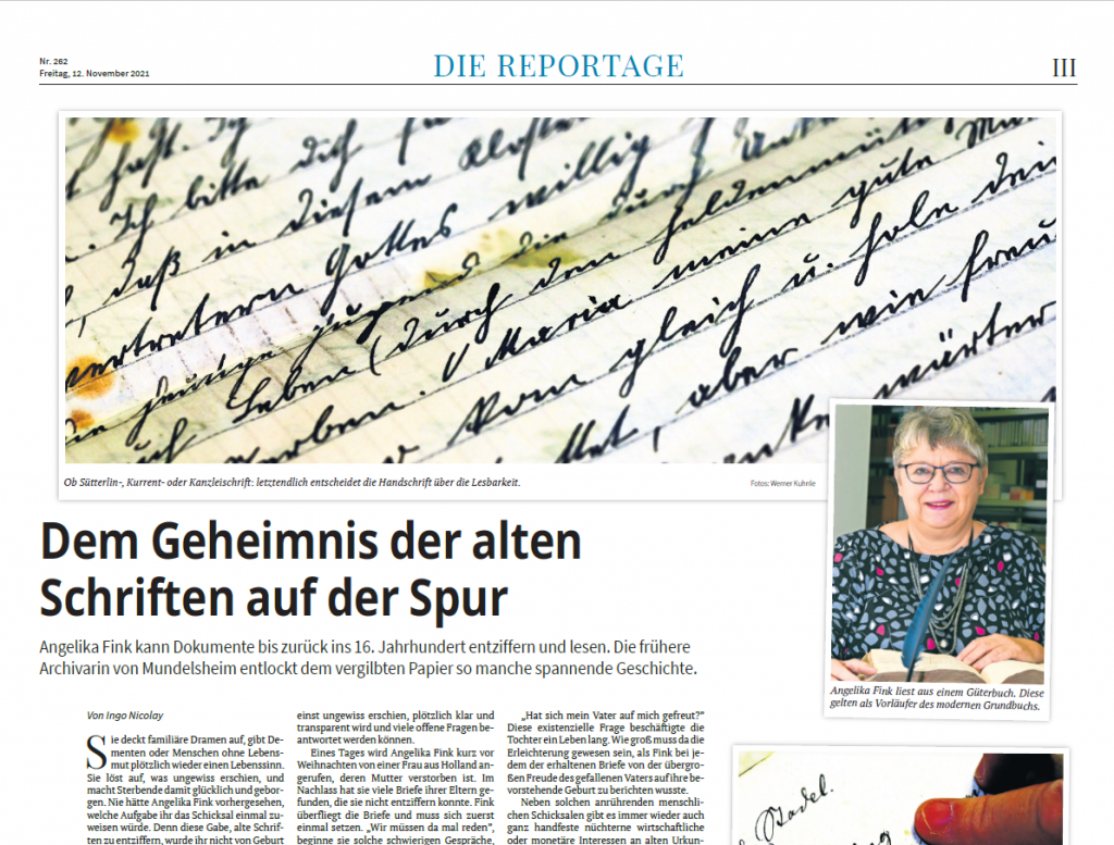 Zeitungsartikel Angelika Fink Old Scripts Marbacher Zeitung Alte deutsche Schriften übersetzen